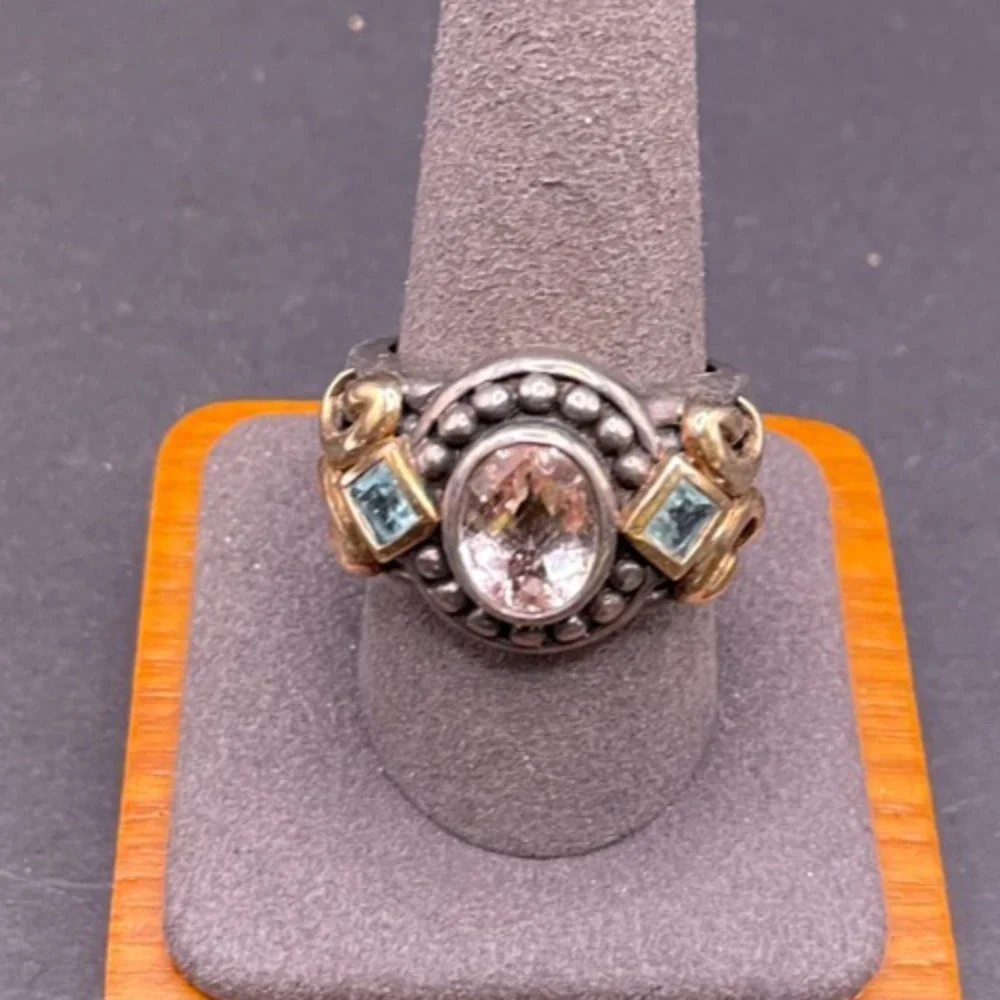 Vintage Signed Sterling Silver 925 Gold Vermeil Amethyst Blue Topaz Ring Size 10